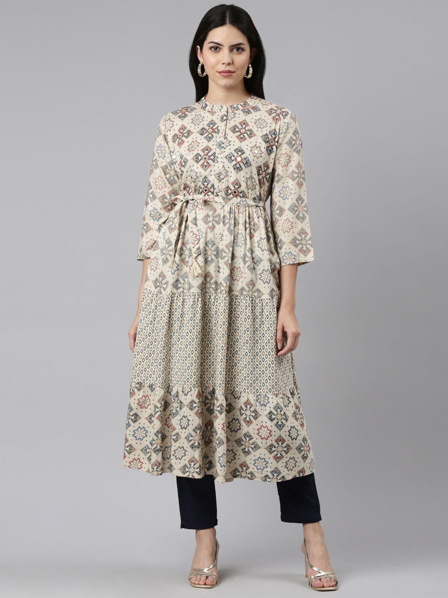 cream straight casual printed anarkali kurta (set of 2)