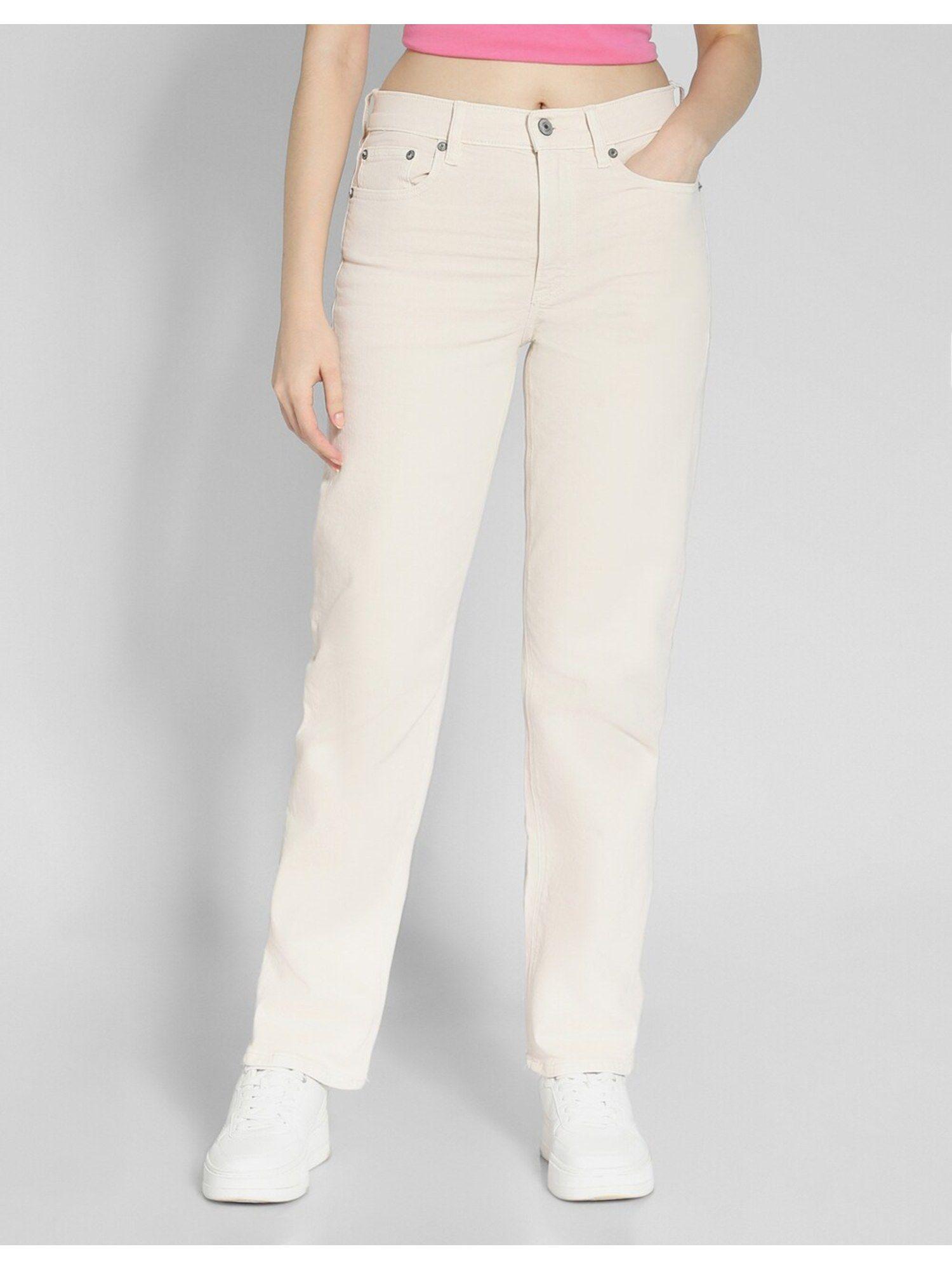 cream stretch super high waisted straight jeans