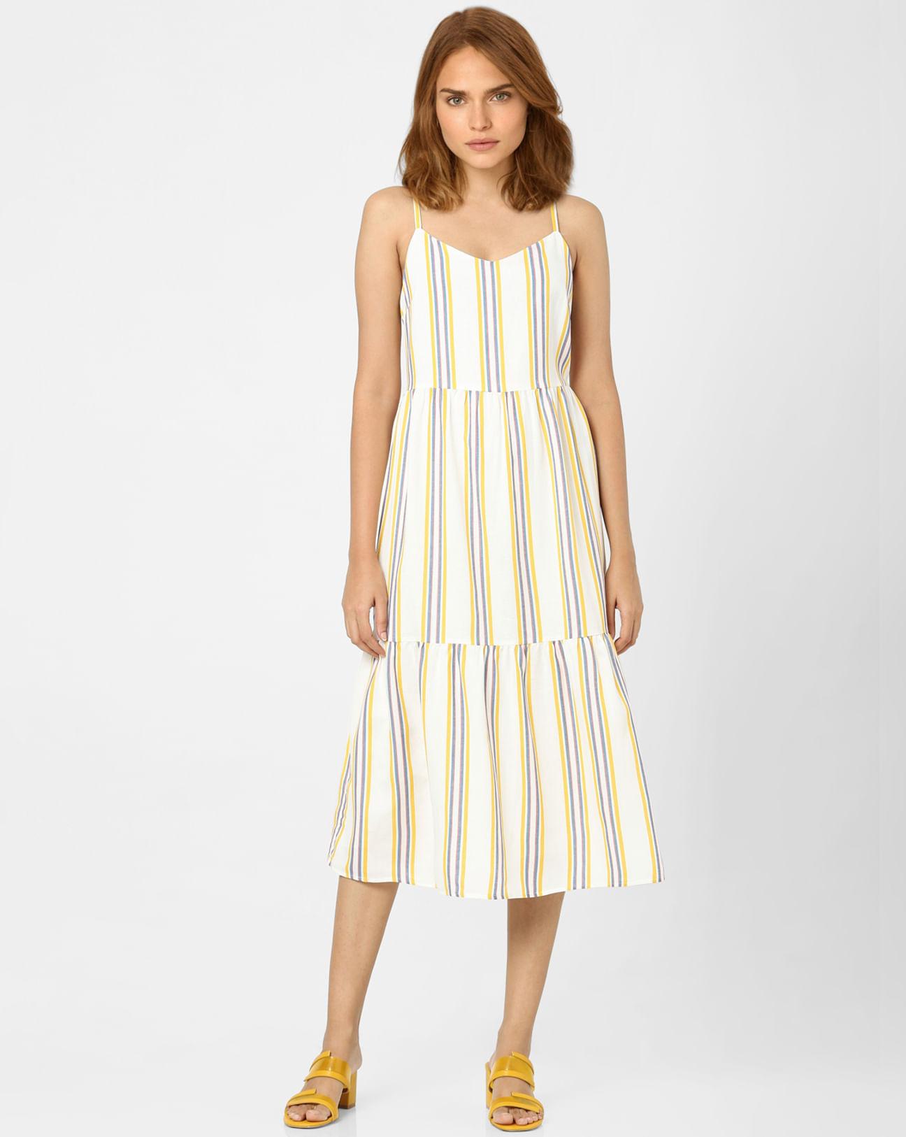 cream striped midi dress