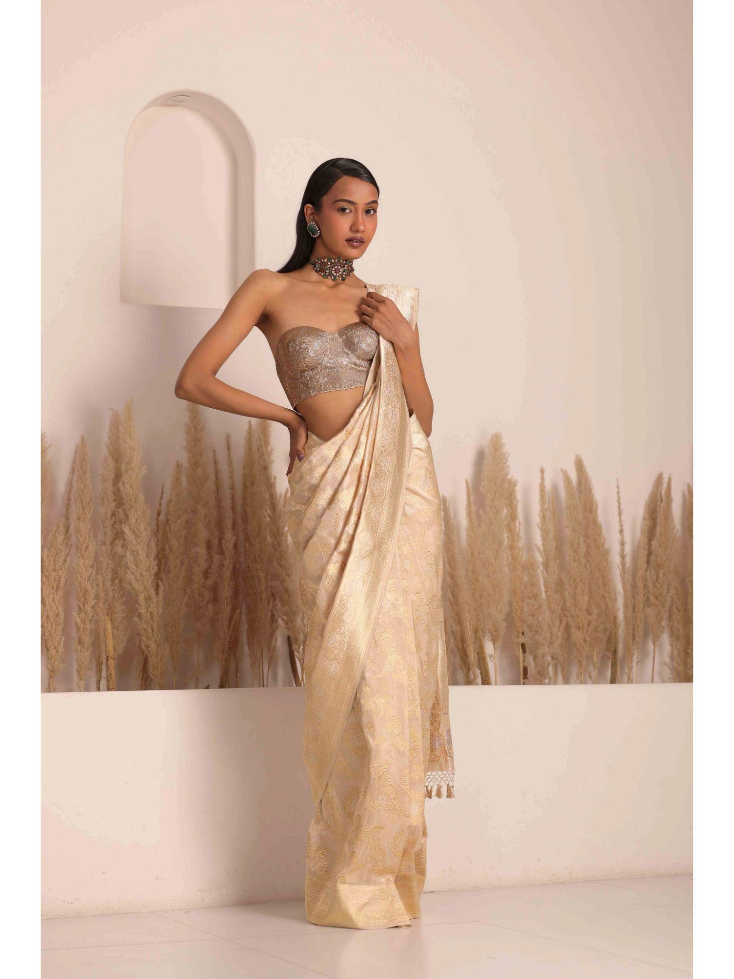 cream taara saree with stitched blouse