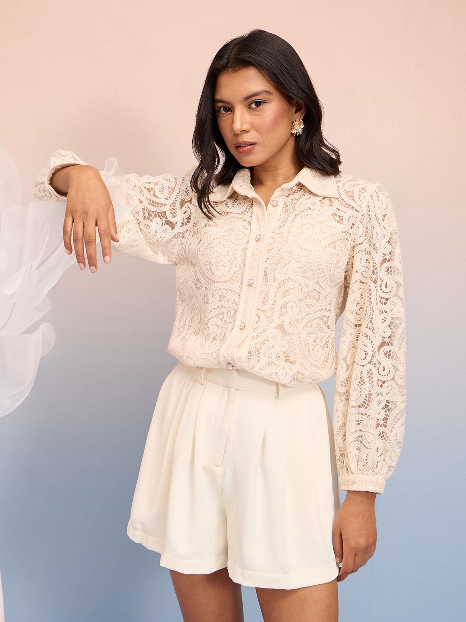 cream textured full sleeves lace shirt