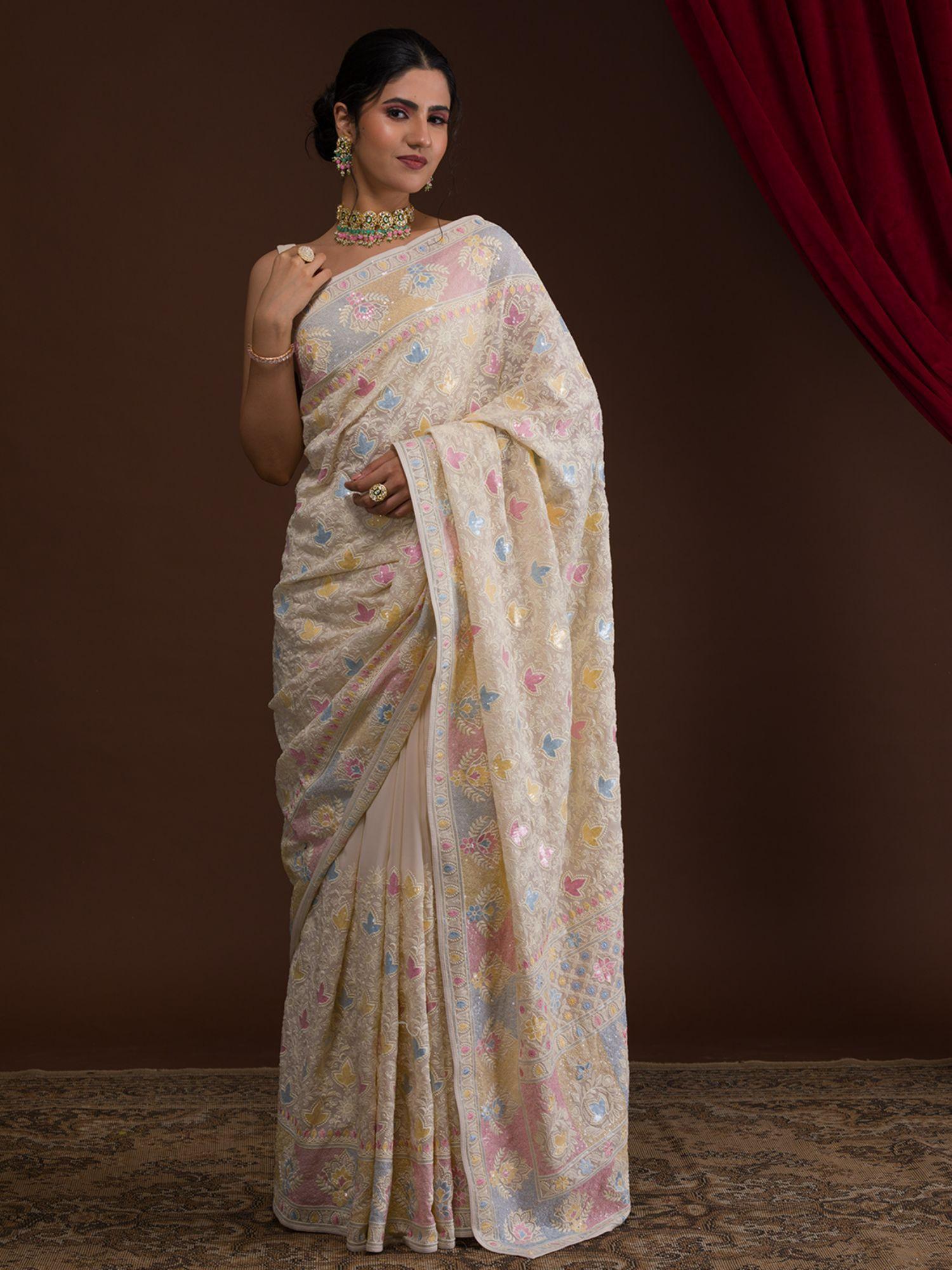 cream threadwork georgette designer saree with unstitched blouse