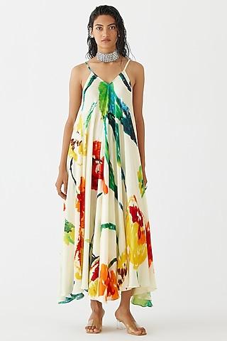 cream vegan silk floral printed strappy dress