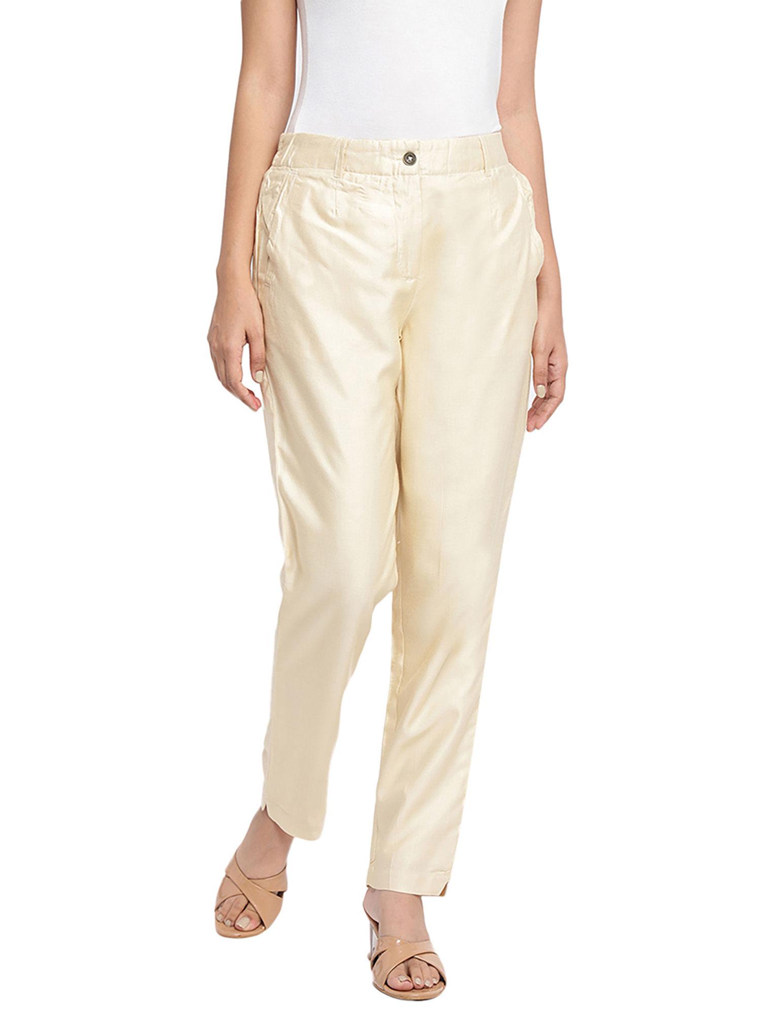 cream viscose silk slim fit formal pant