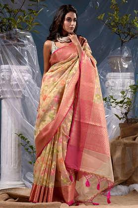 cream with gold zari woven organza silk saree with beautiful floral weave tilfi meena work pattern with blouse piece - pink