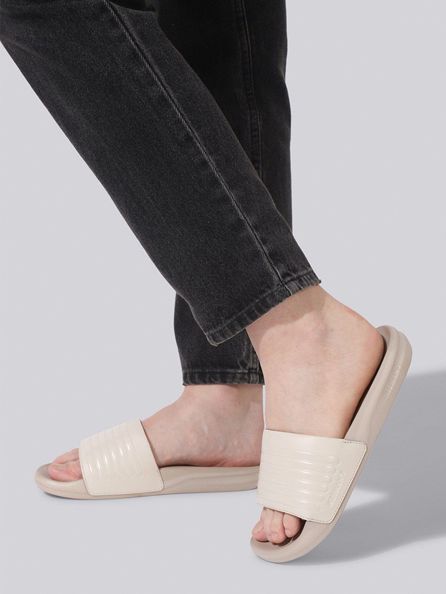 cream women foot bed slides