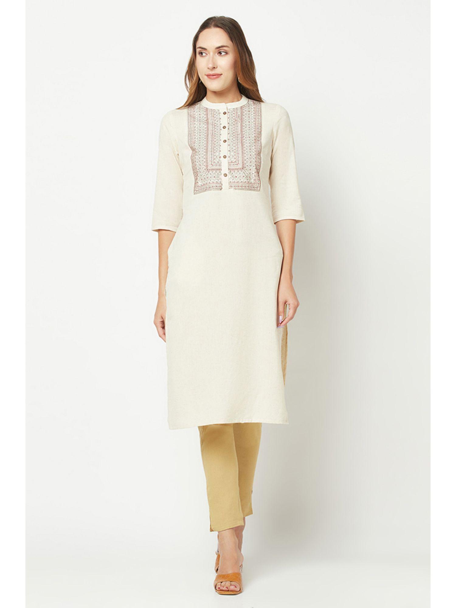 cream yoke embroidered straight kurta