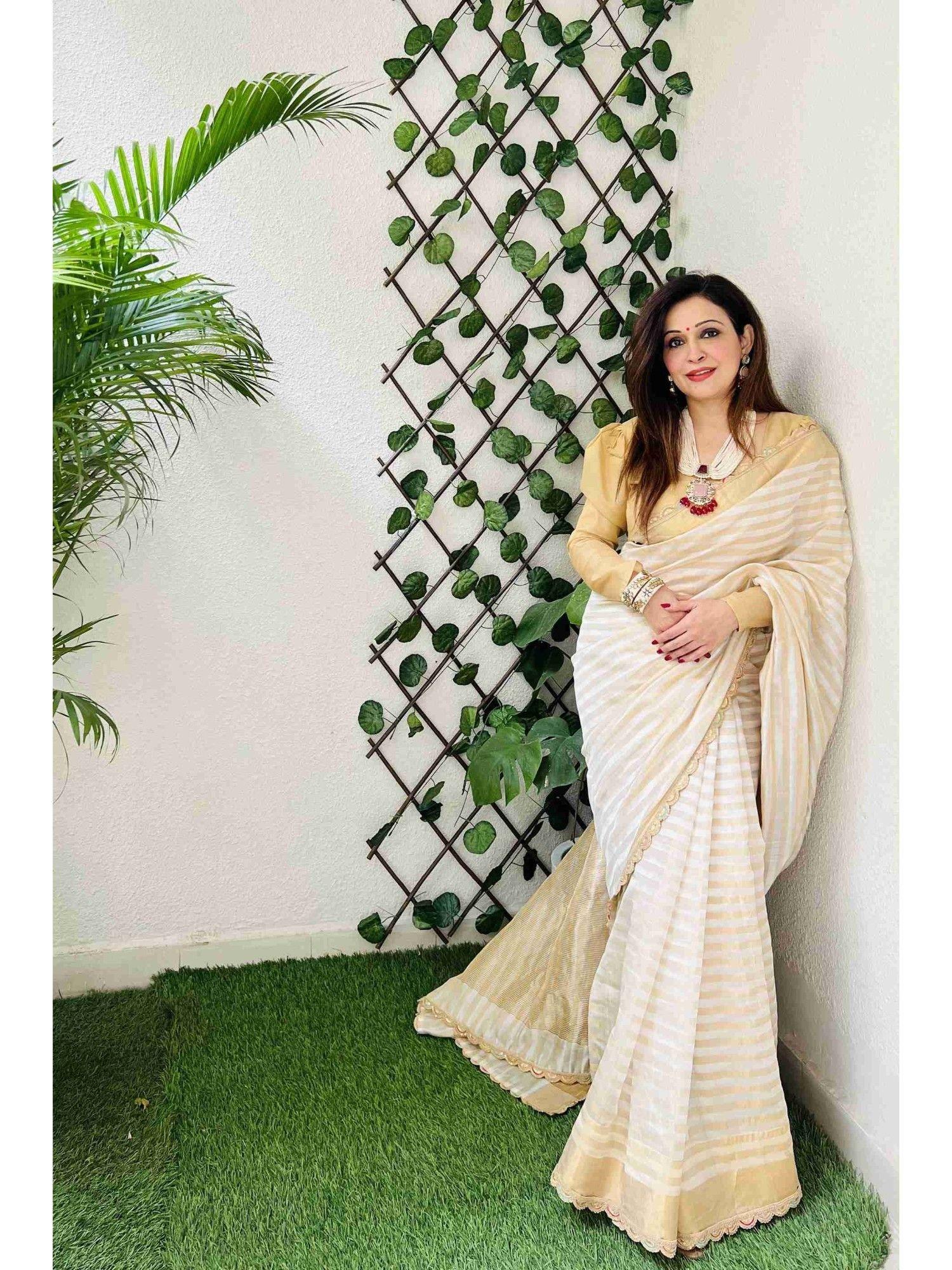 cream zari chanderi silk lining saree with unstitched blouse