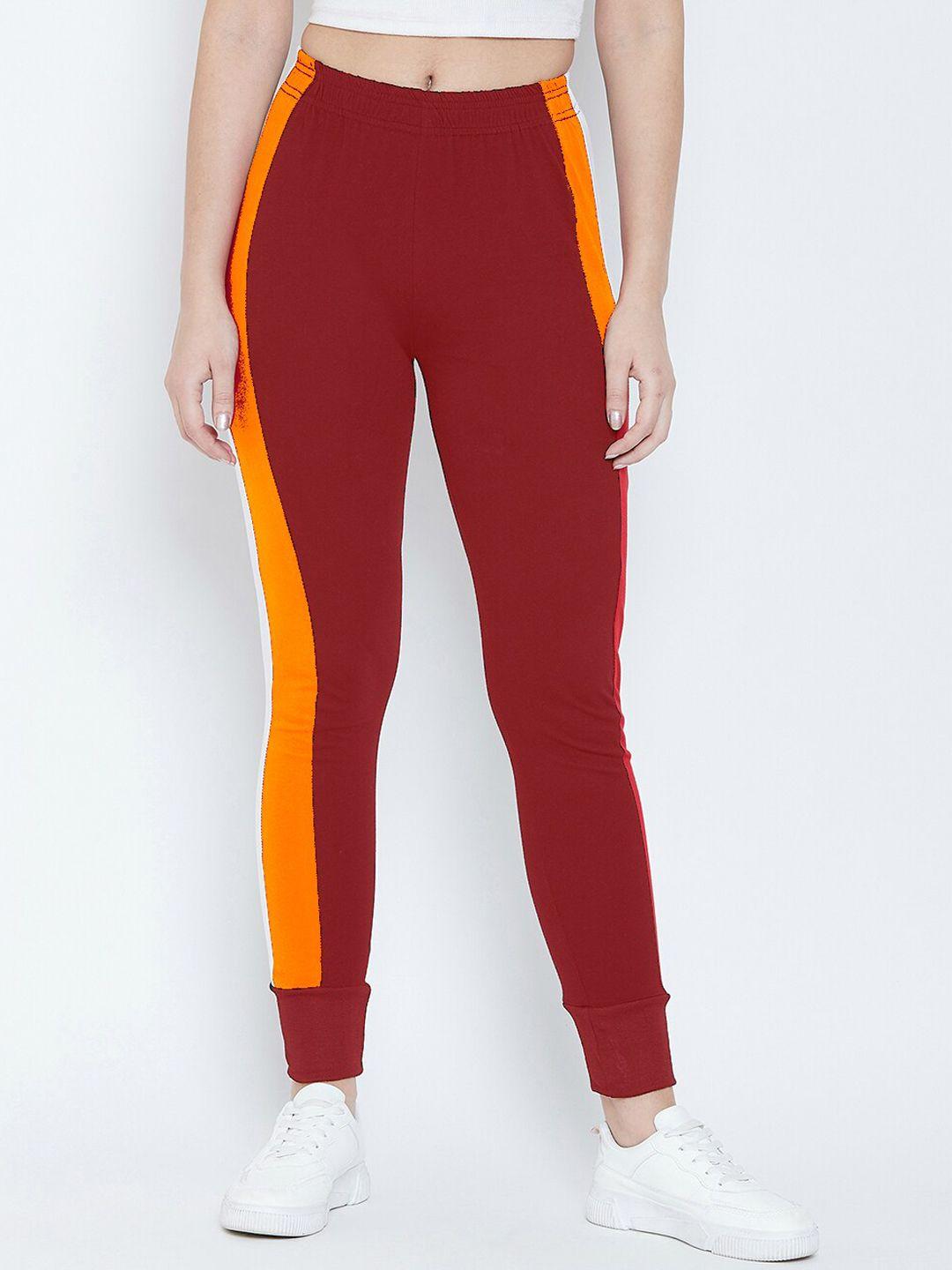 crease & clips women maroon & orange colourblocked joggers