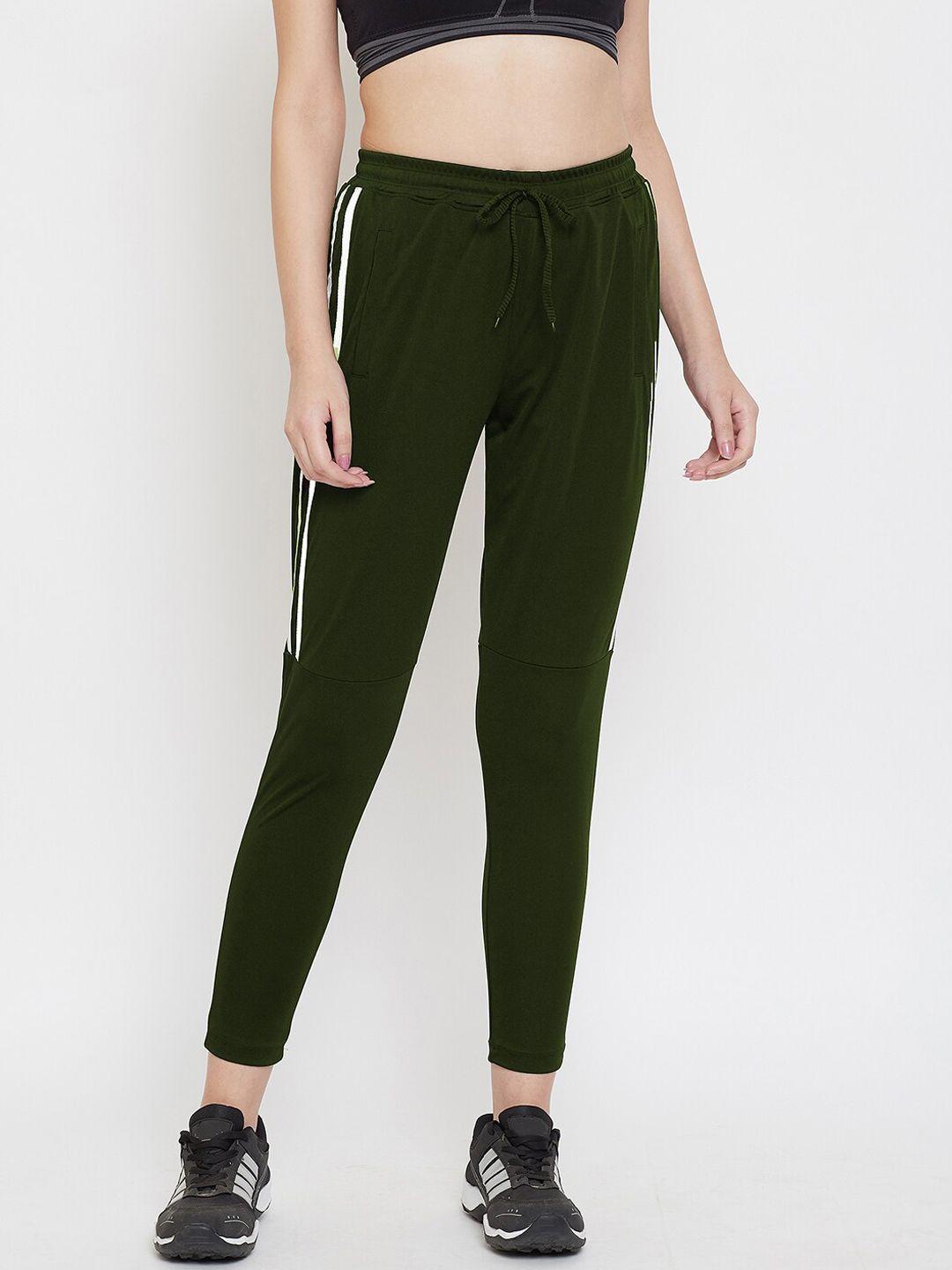 crease & clips women olive green solid slim fit track pants