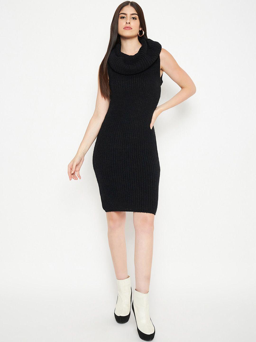 creative line self design cowl neck woollen bodycon dress