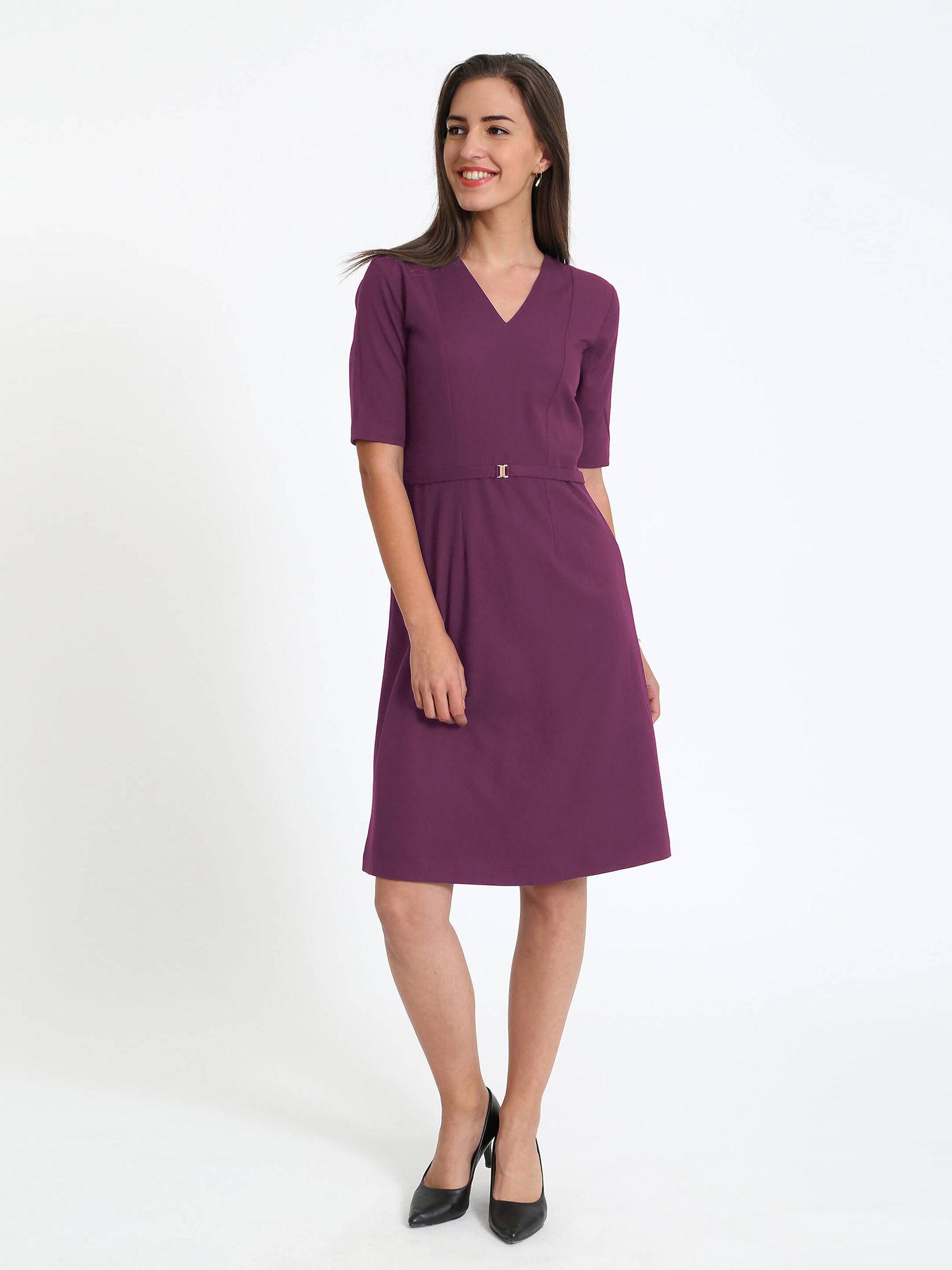 credible-purple v-neck fit a-line dress