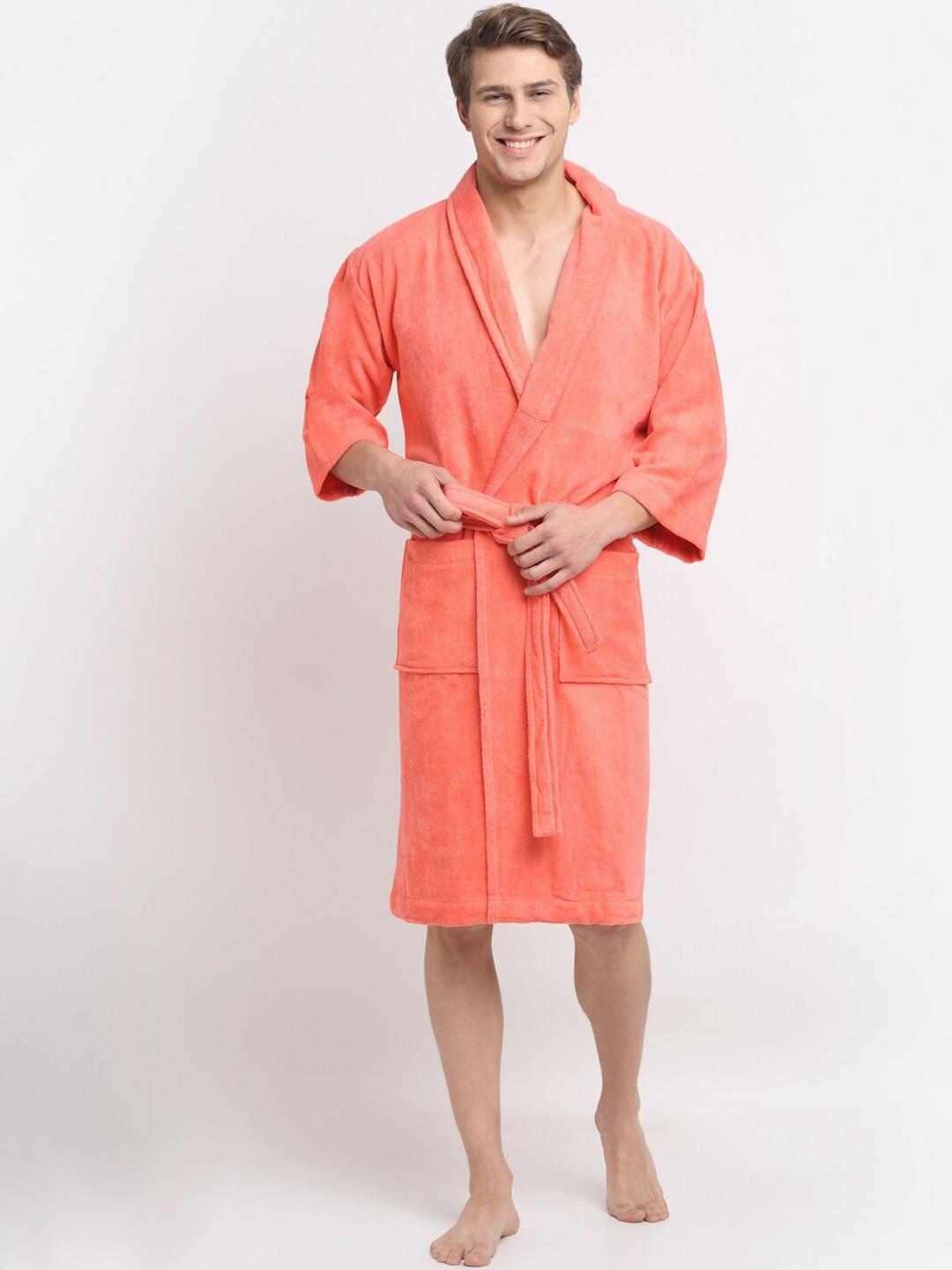 creeva unisex coral-coloured solid bath robe with pockets