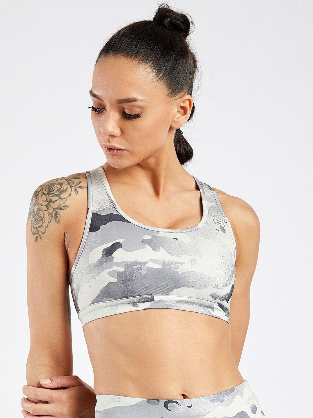 creez grey & white abstract printed anti-odour workout bra underwired