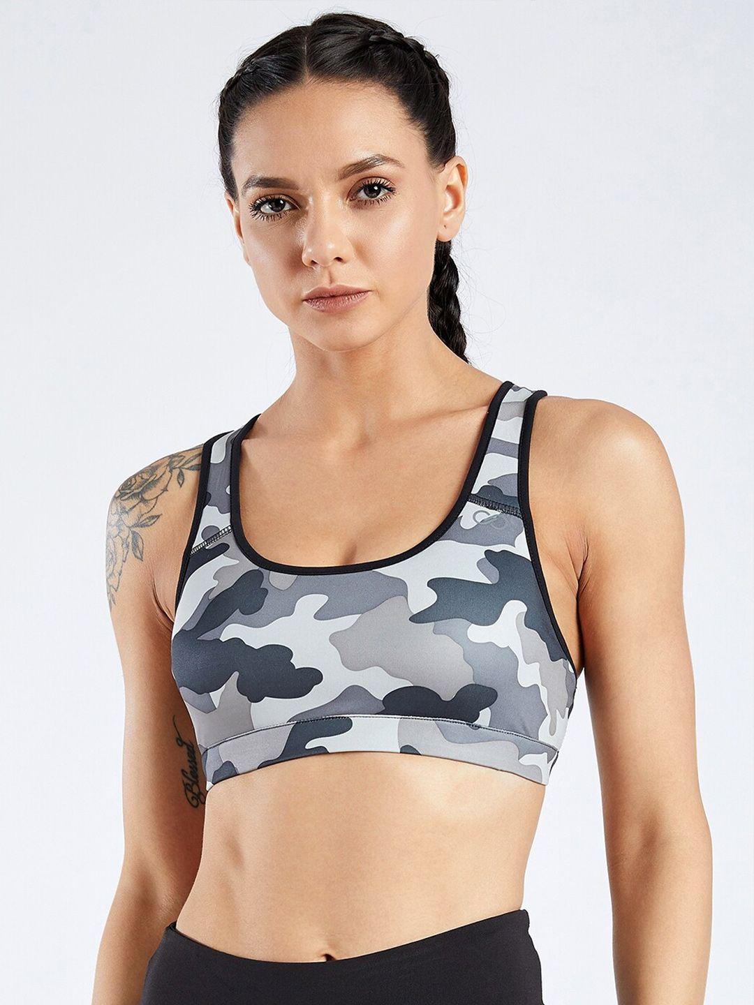 creez blue & grey printed rapid-dry anti-microbial sports bra with anti-odour technology