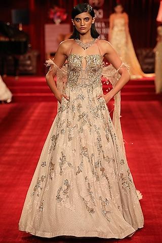 creme tulle embroidered gown with cape