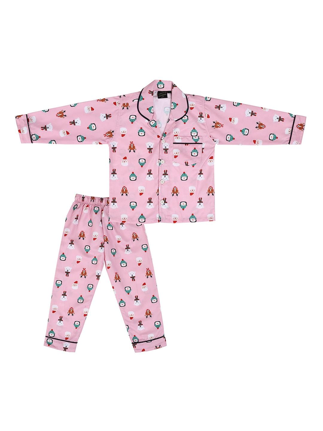 cremlin clothing kids pink & white printed modal nightsuit