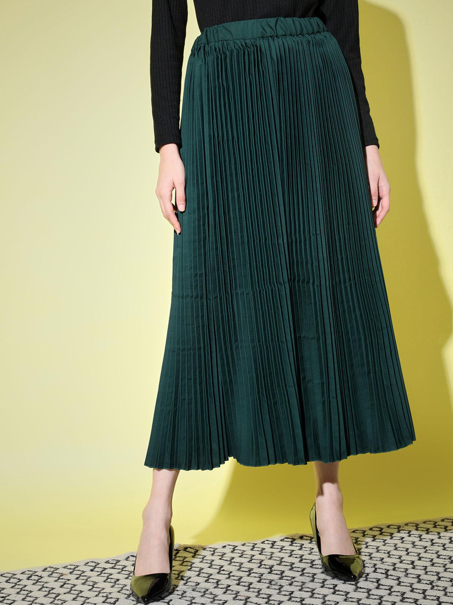 crepe bottle green pleated women midi skirt