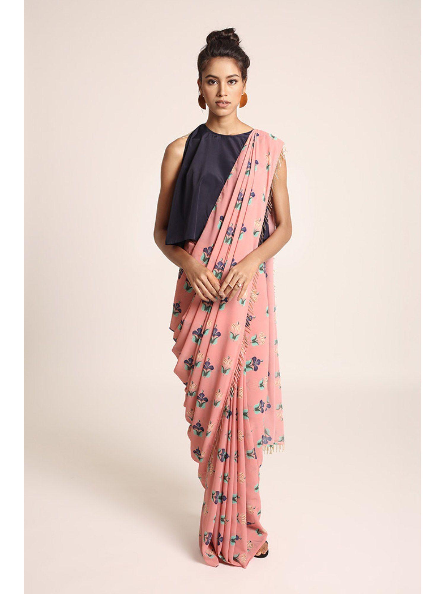 crepe coral printed art georgette pre draped saree with top