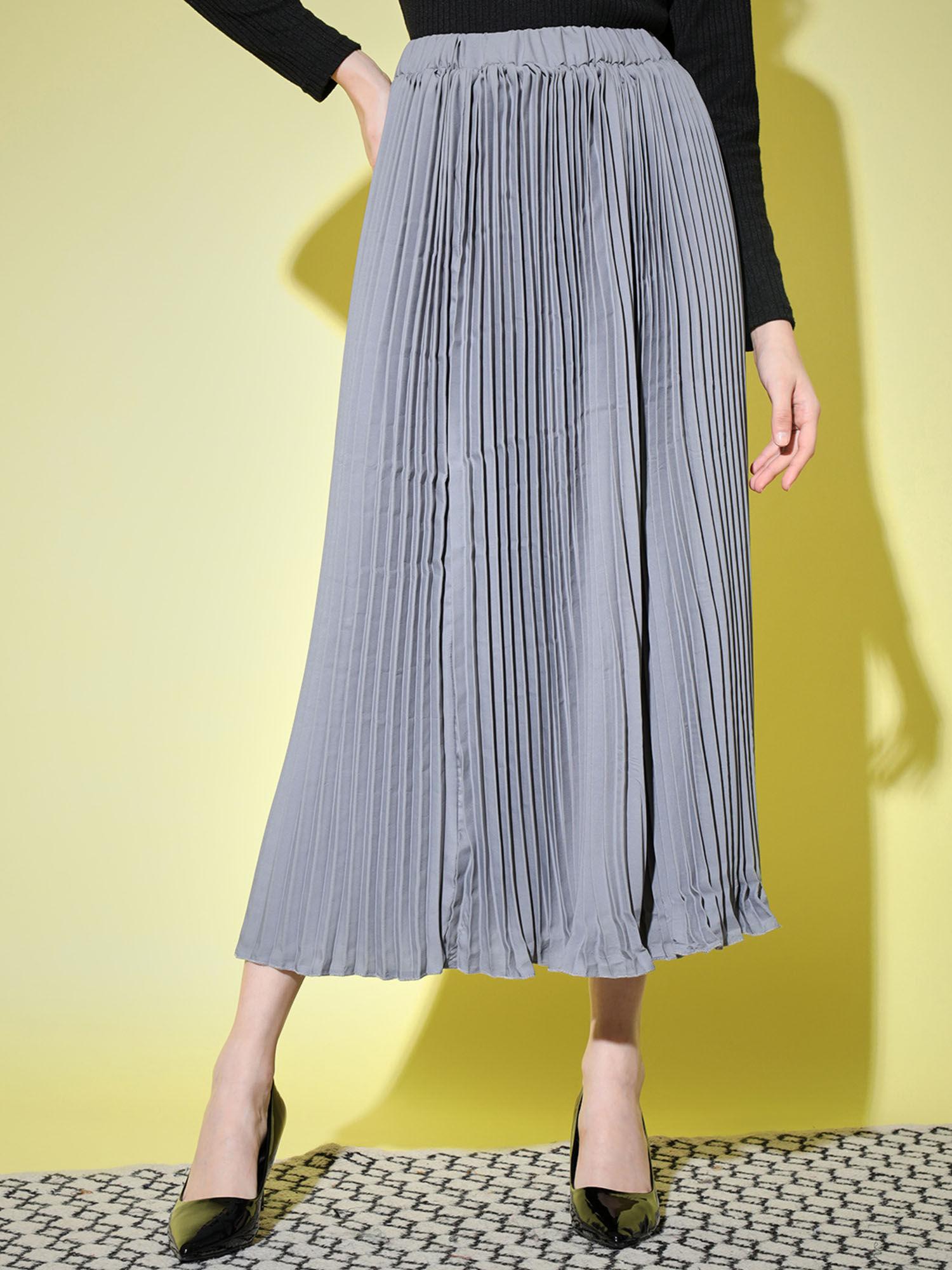 crepe grey pleated women midi skirt