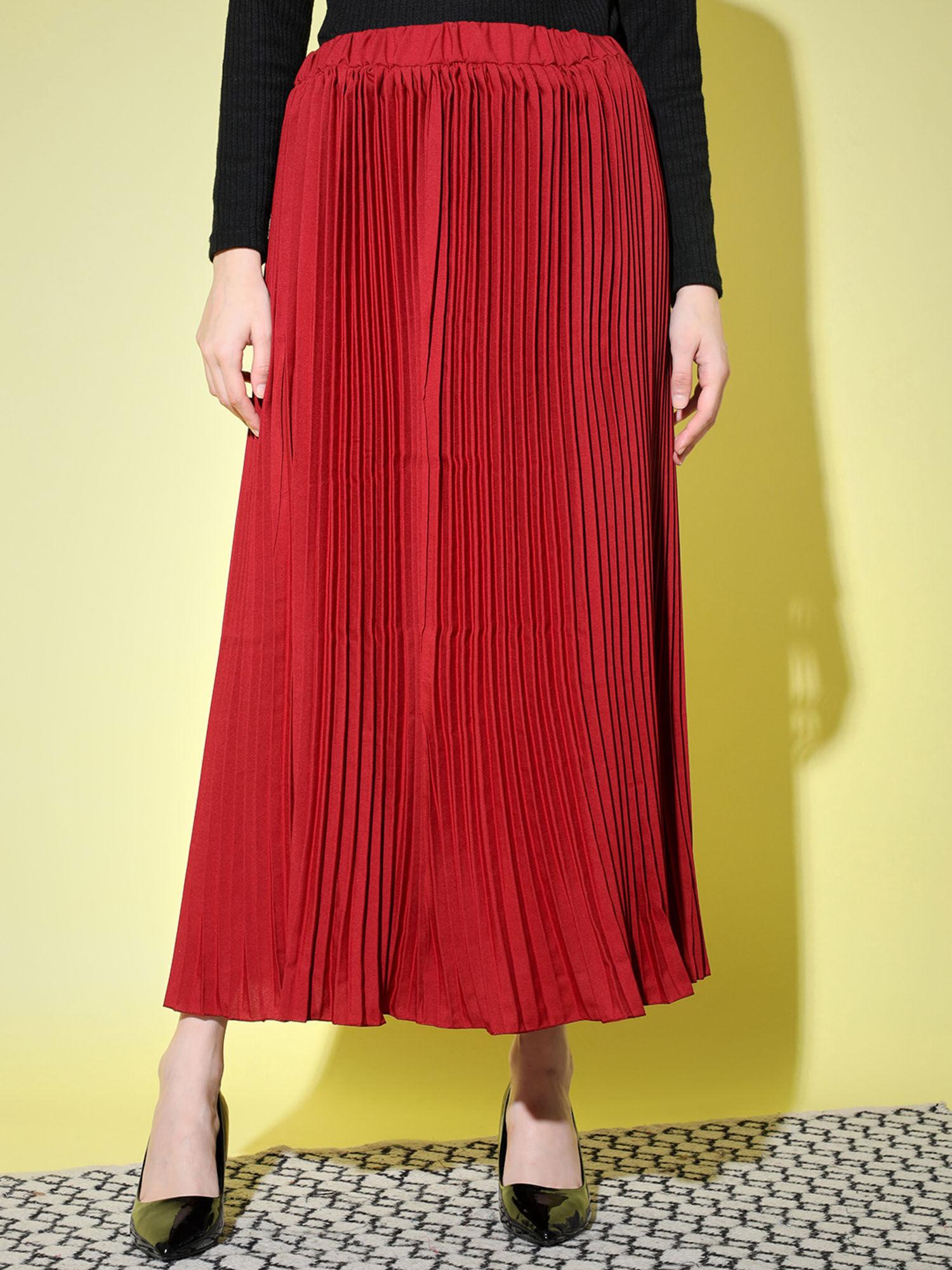 crepe maroon pleated women midi skirt