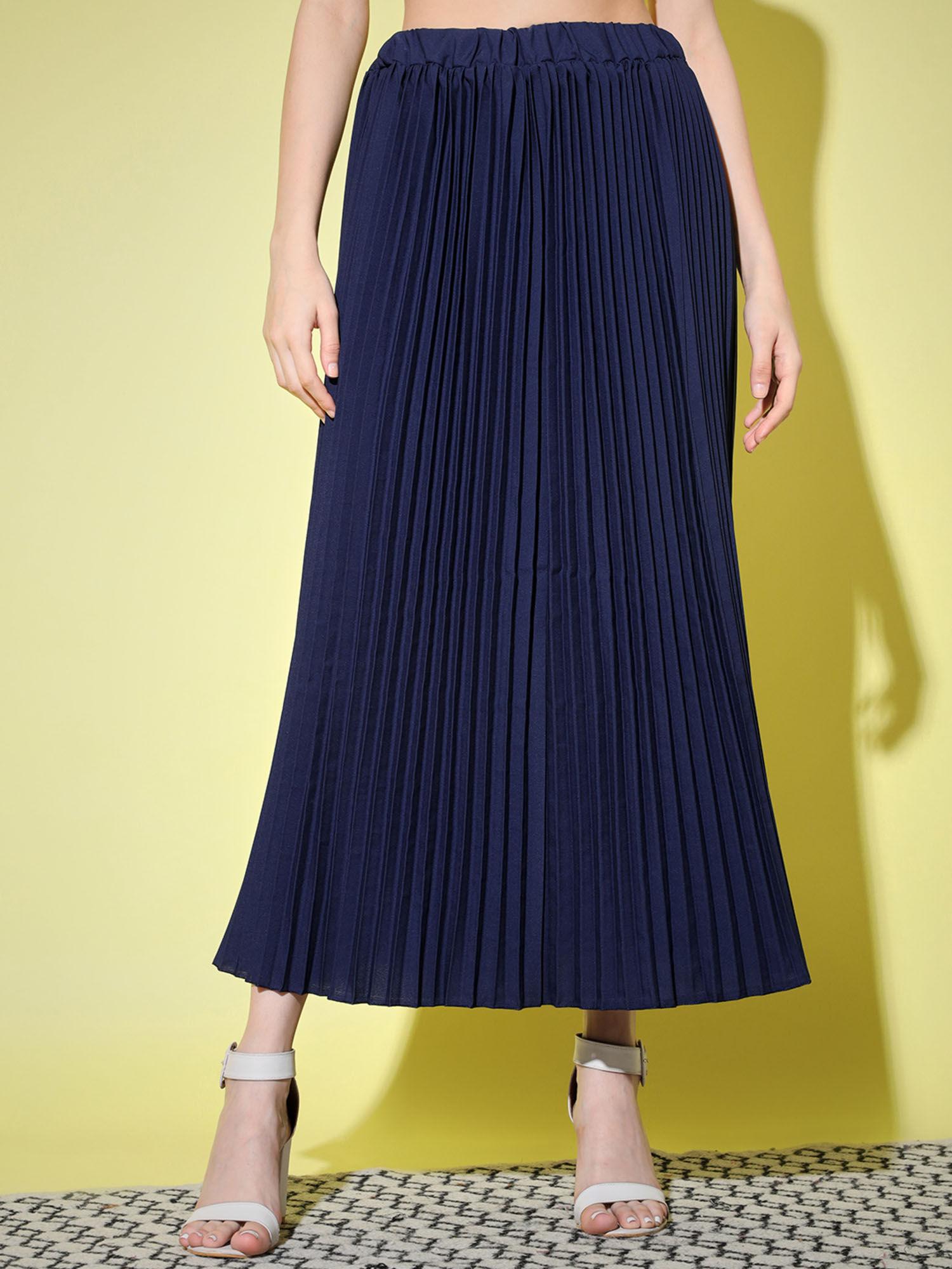 crepe navy pleated women midi skirt