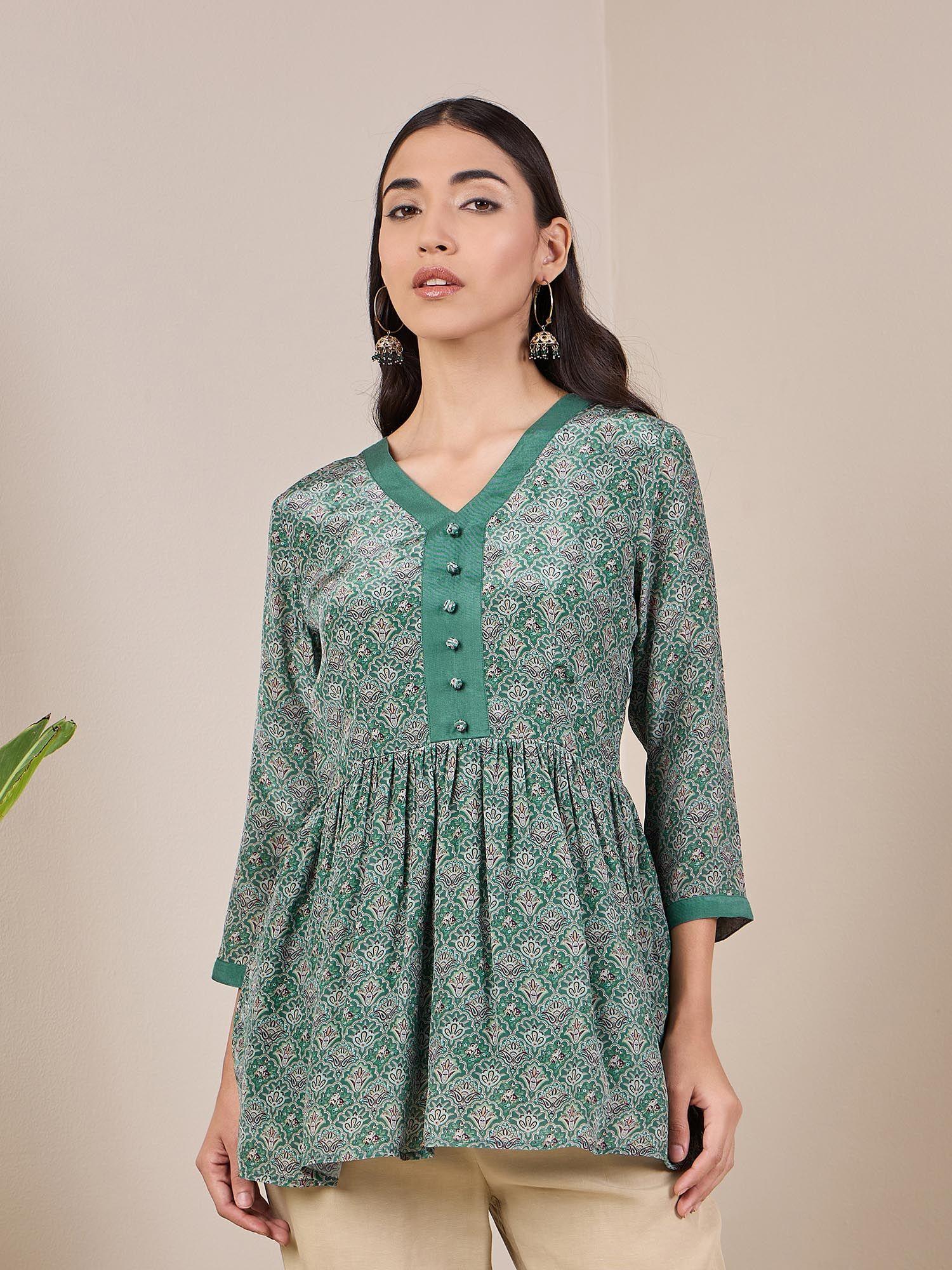 crepe printed green short kurti for women