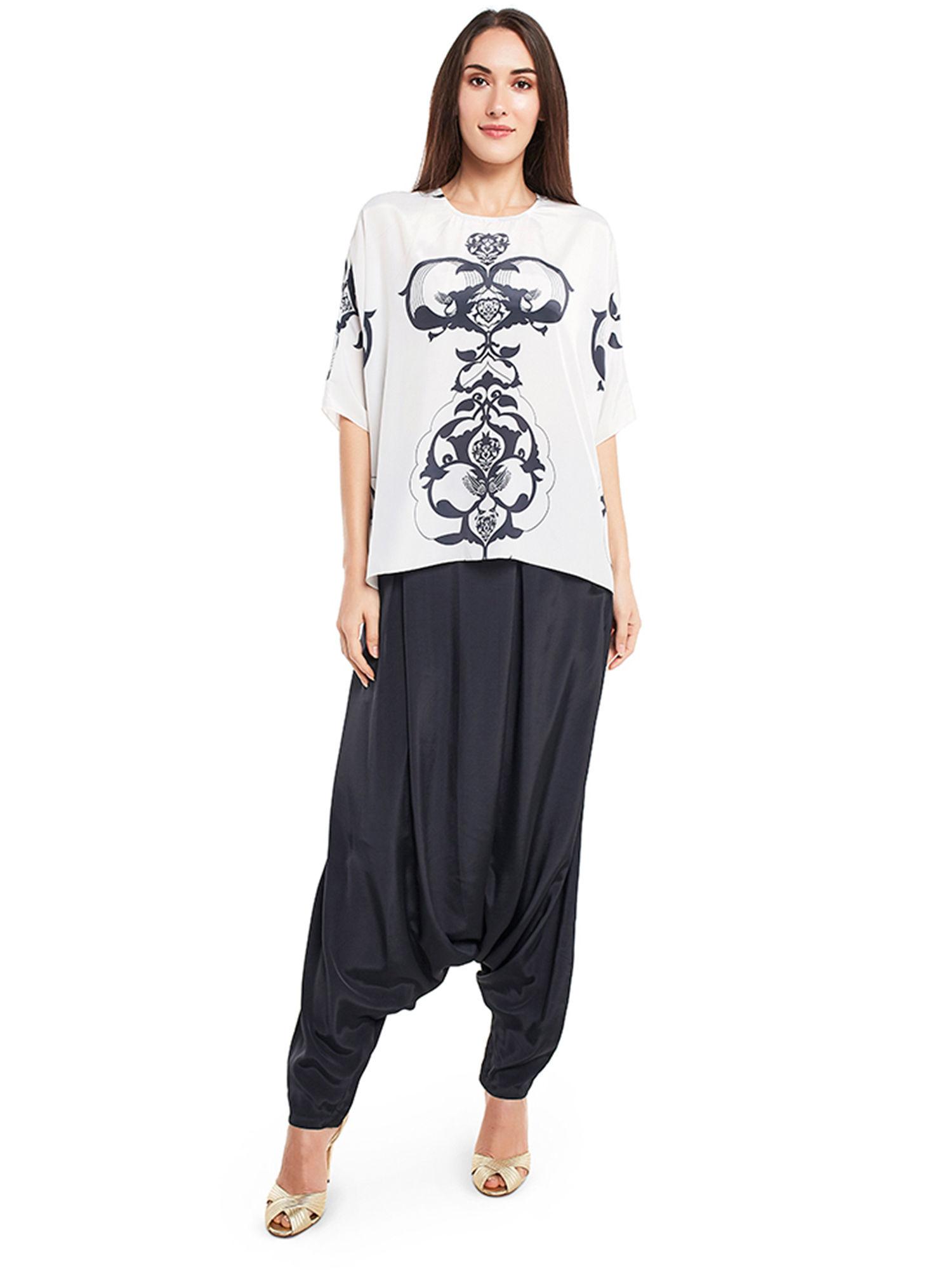 crepe white printed top with dhoti pant (set of 2)