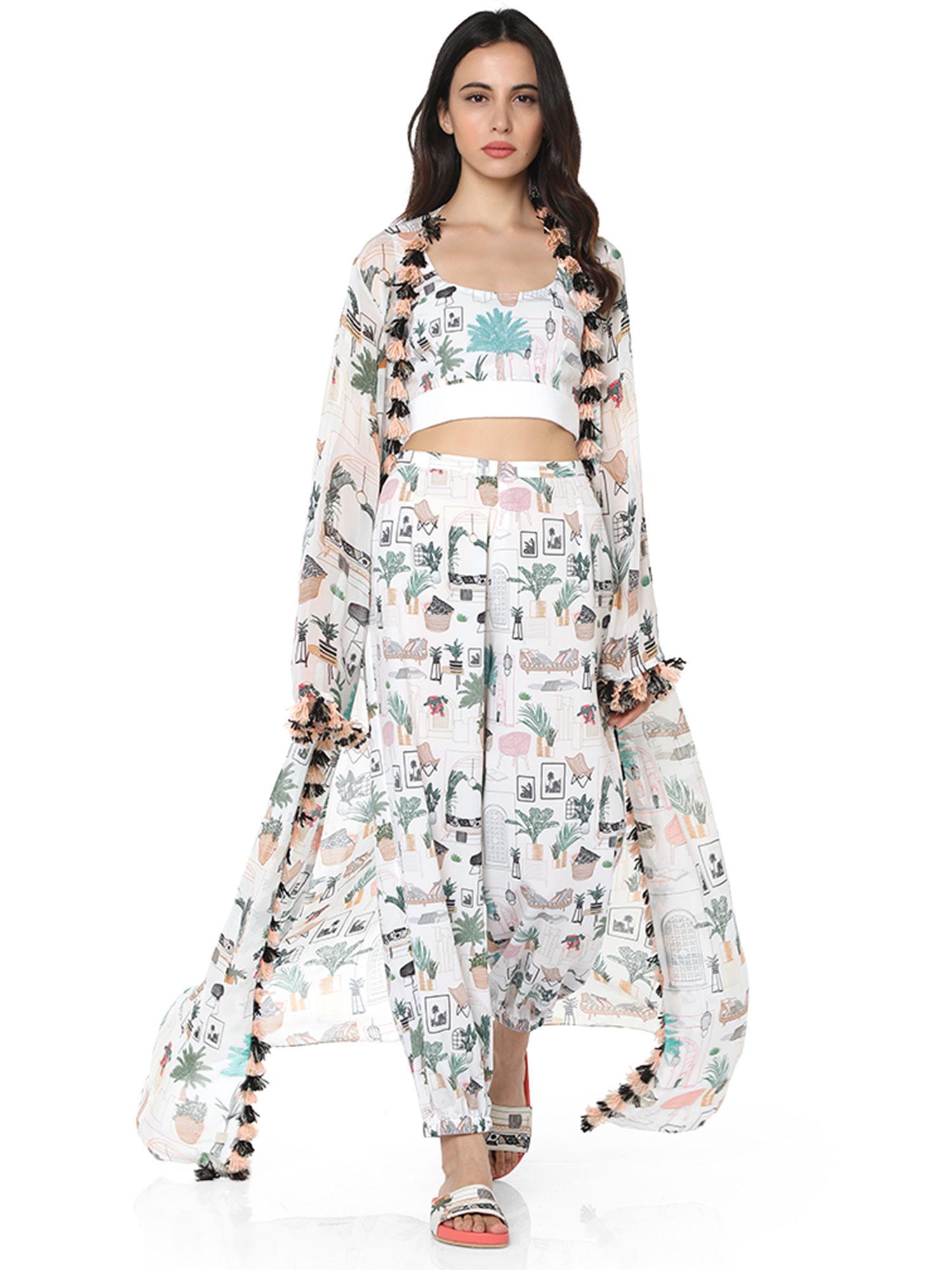 crepe white printed top with pant & jacket (set of 3)