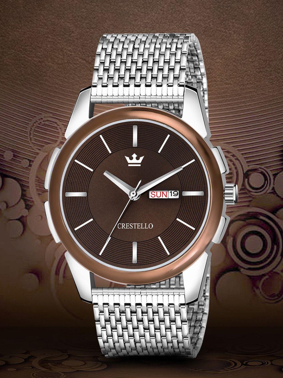 crestello men brown brass dial & silver toned stainless steel bracelet style straps analogue watch