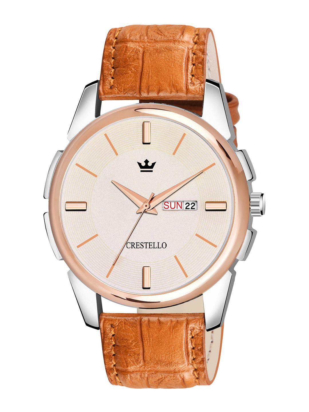 crestello men tan brass dial & beige textured straps analogue watch