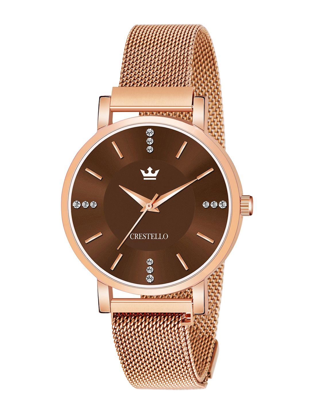 crestello women brown dial & rose gold bracelet style straps analogue watch cr-rg113-brw