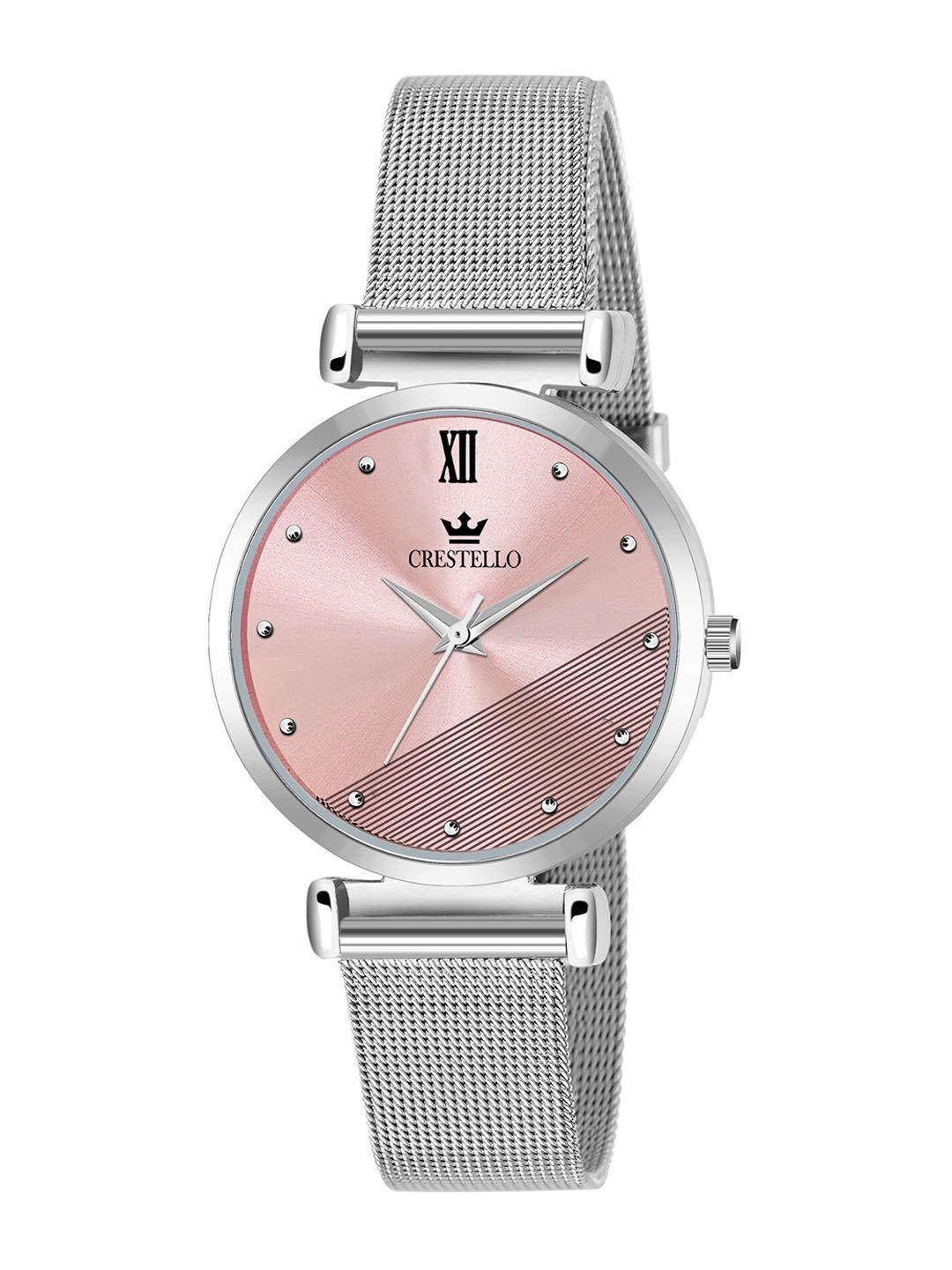 crestello women pink brass dial & silver toned stainless steel analogue watch cr-wt108
