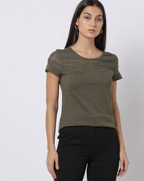 crew-neck t-shirt with lace inserts