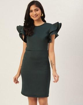 crew-neck a-line dress with layered-bell sleeves