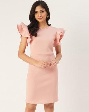 crew-neck a-line dress with layered-bell sleeves