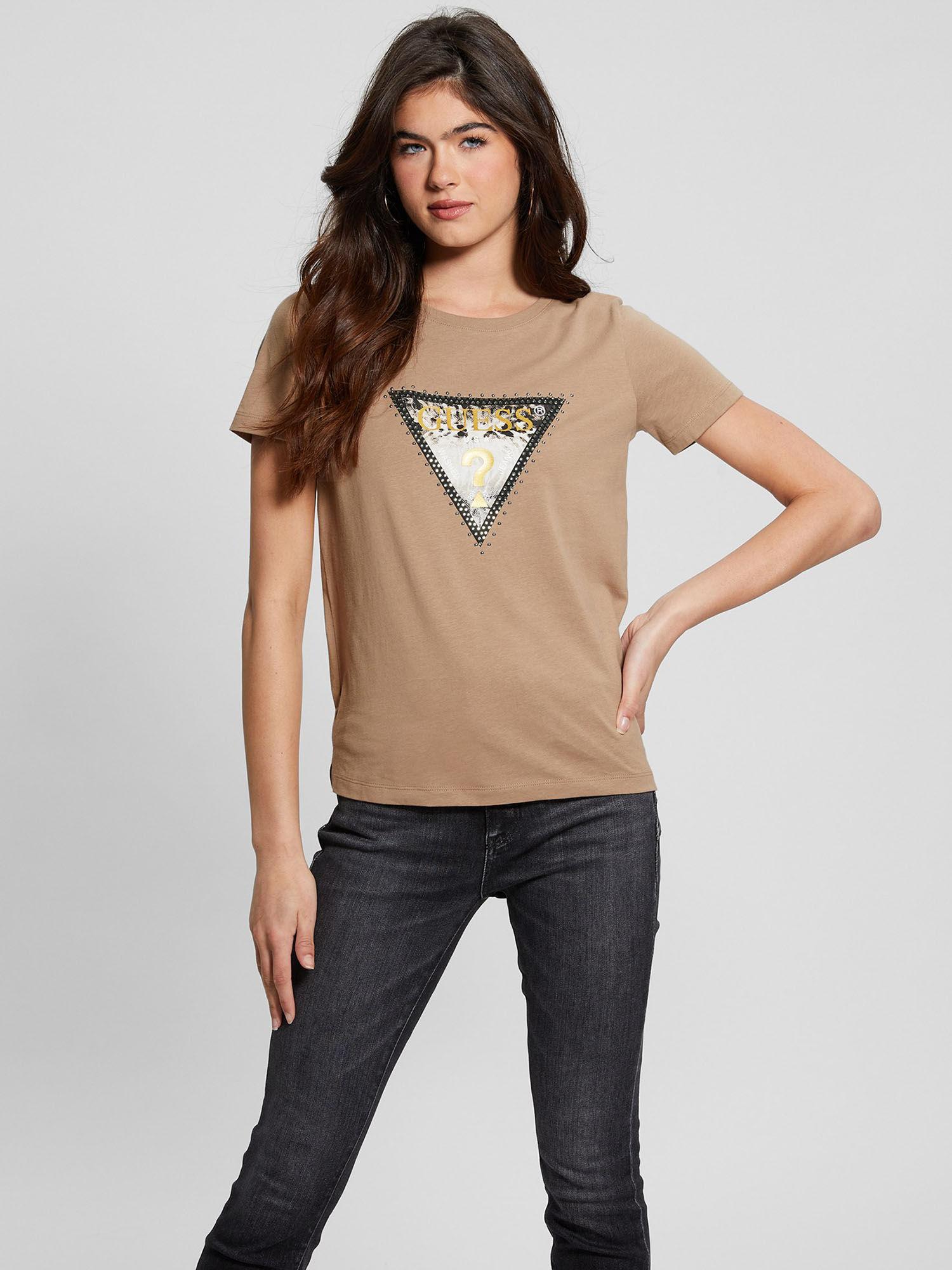 crew neck beige triangle logo t-shirt