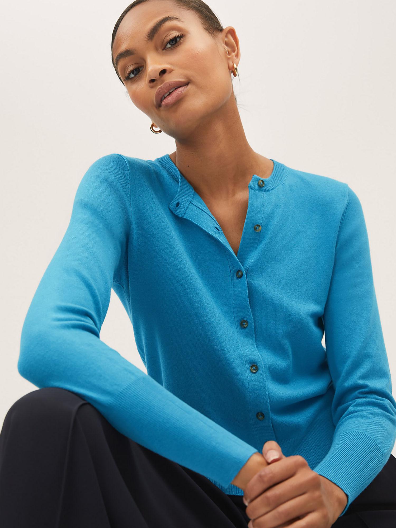 crew neck button front turquoise cardigan