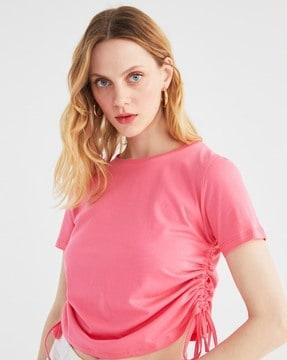 crew-neck cropped slim t-shirt with side tie-up