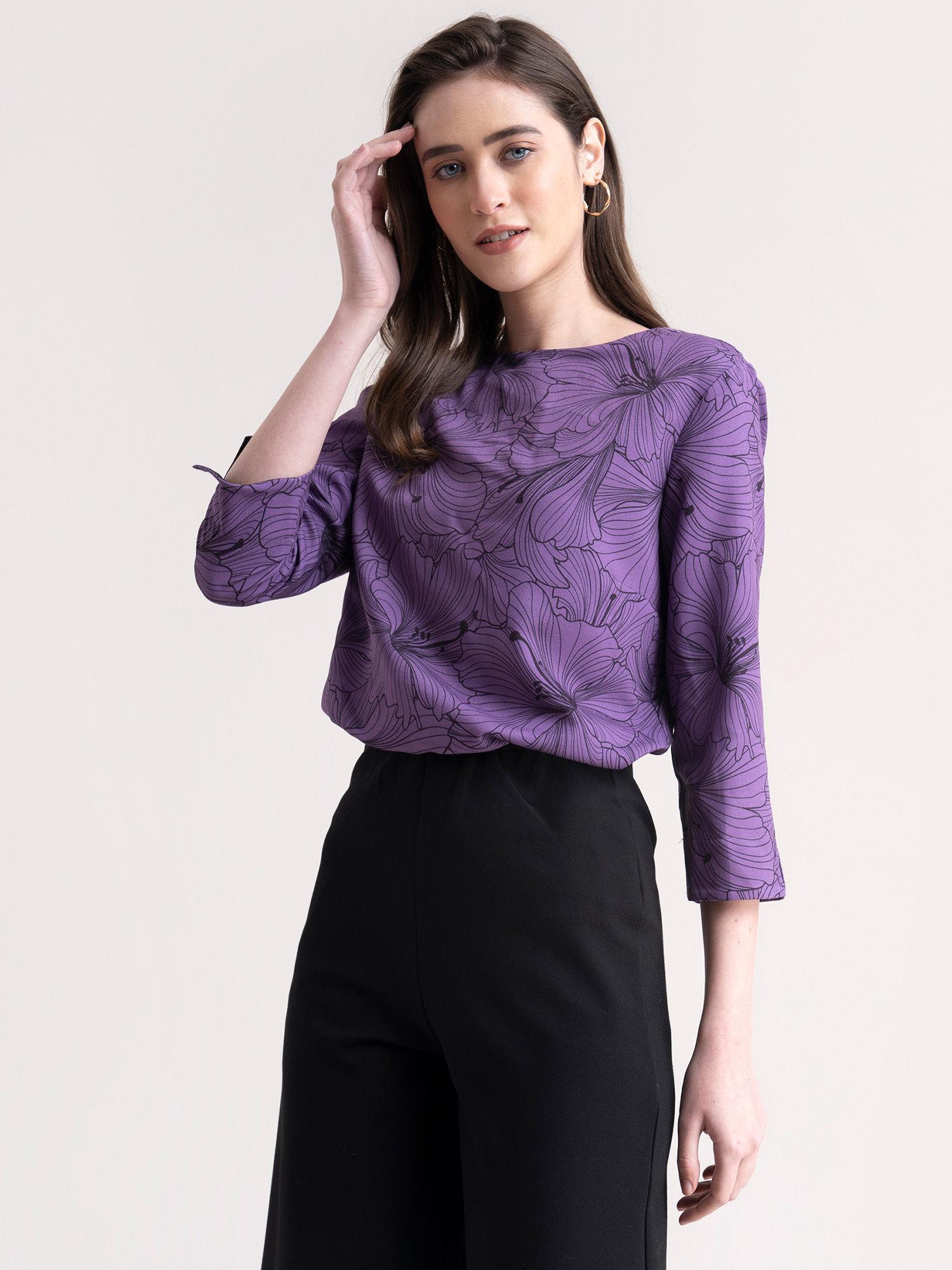 crew neck floral top purple