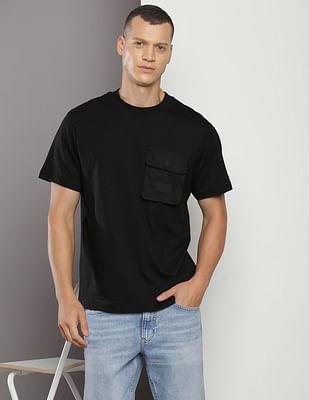 crew neck mix media pocket t-shirt