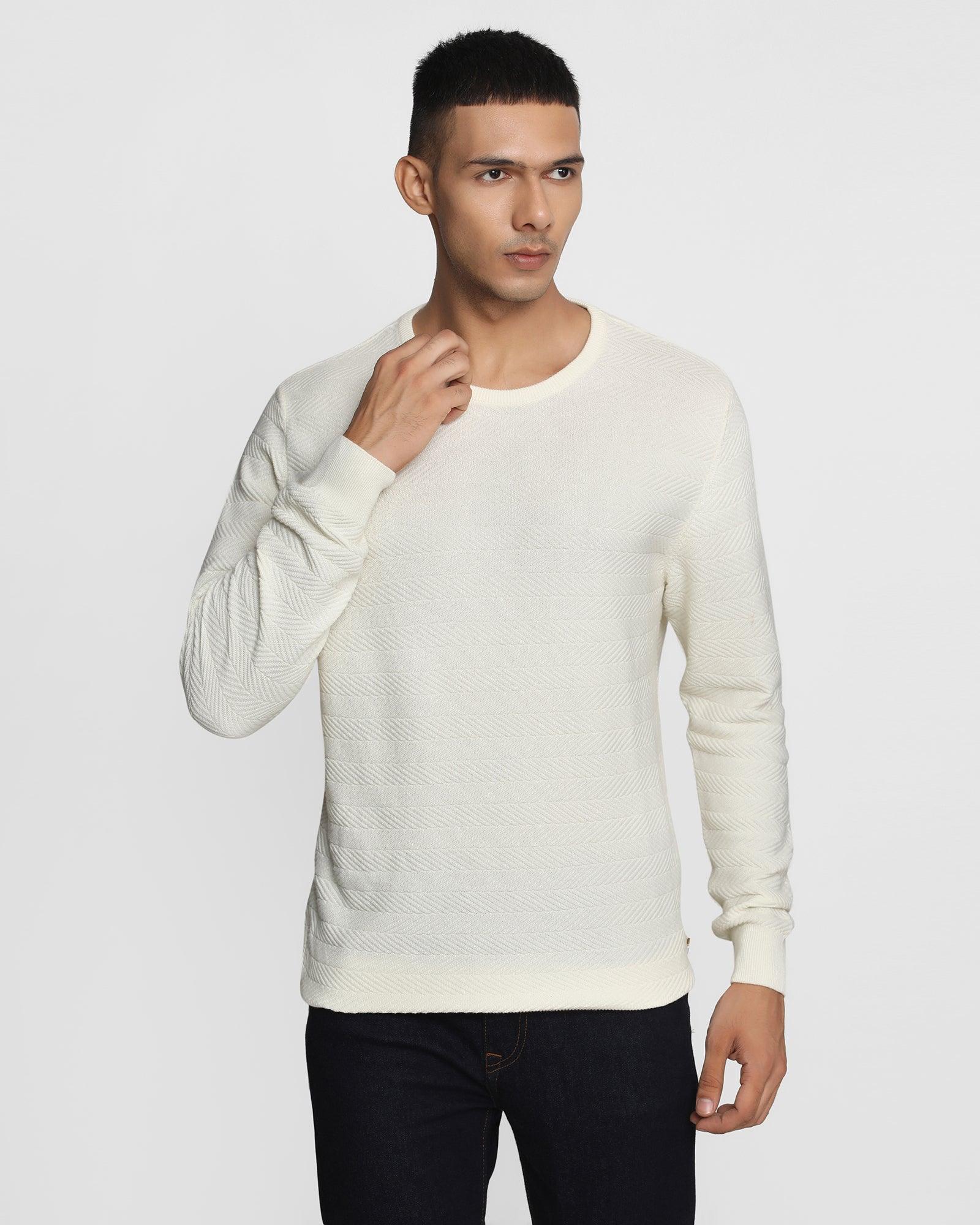 crew neck off white textured sweater - ethan