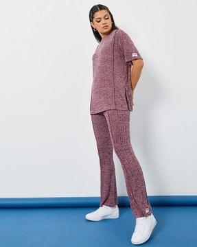 crew-neck pant-suit set with short sleeves