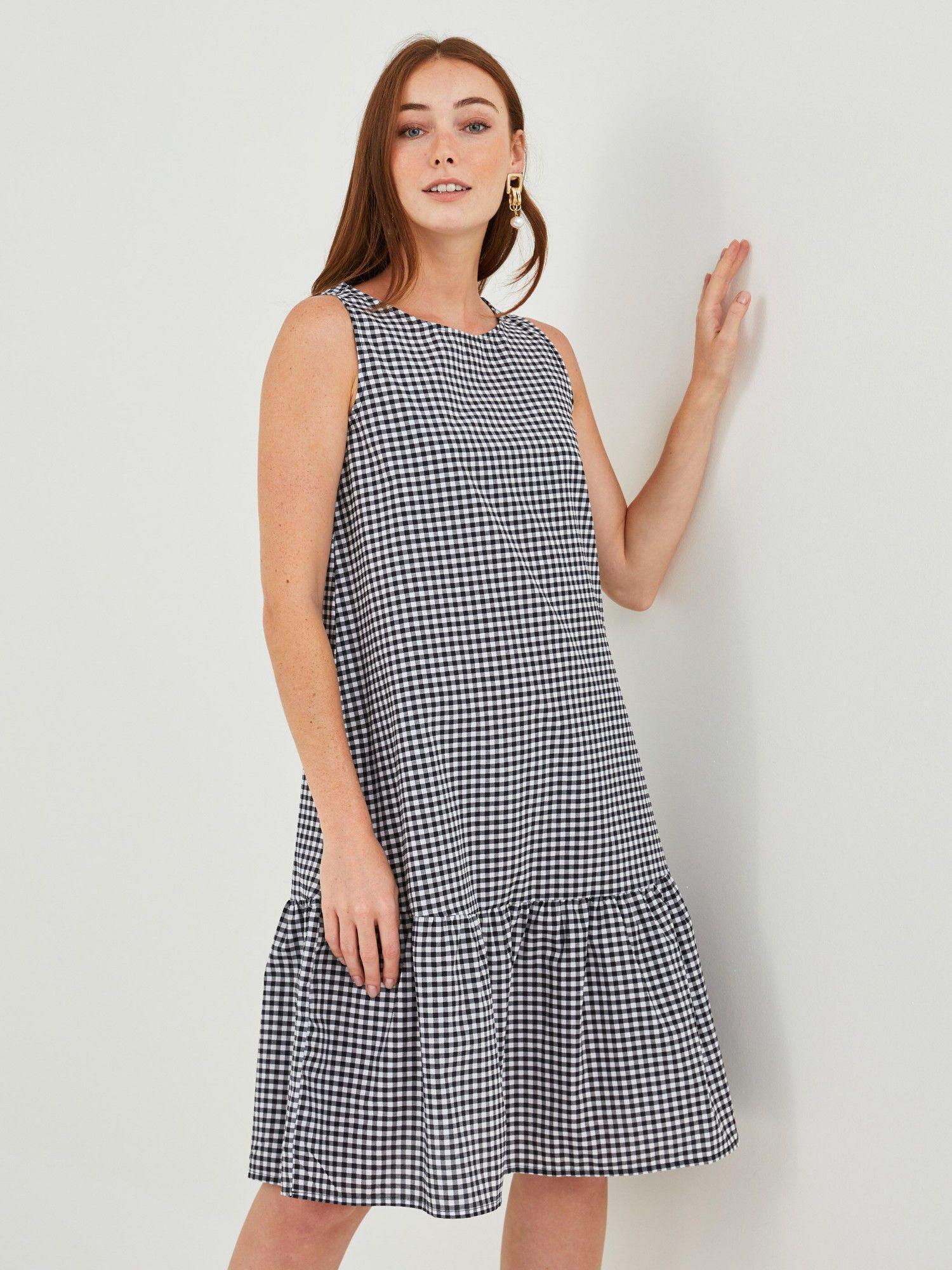 crew neck plaid sleeveless a-line poplin womens dress