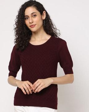 crew-neck pullover with puffed sleeves