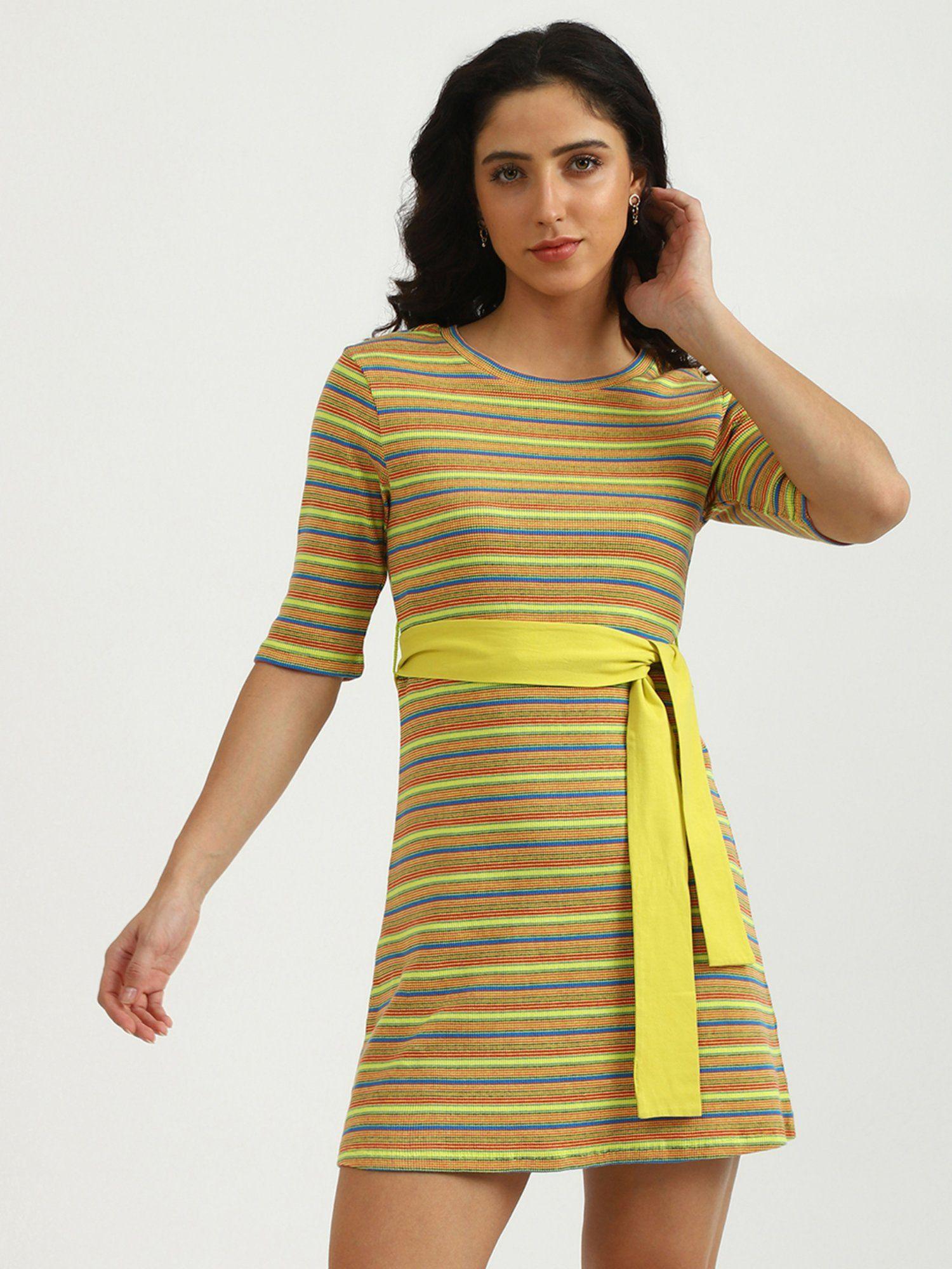 crew neck stripe dress with belt (set of 2)