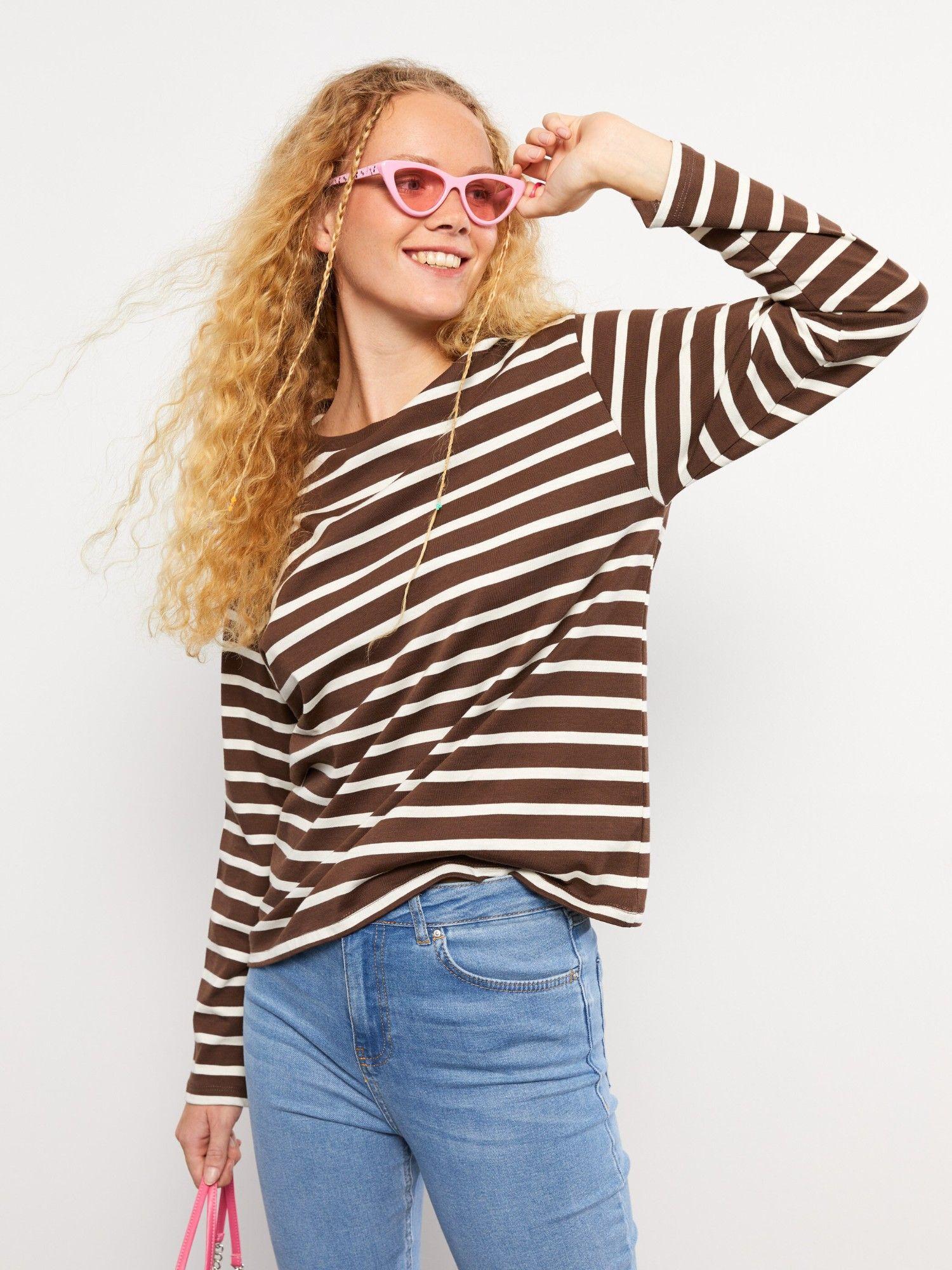 crew neck striped long sleeve cotton womens t-shirt