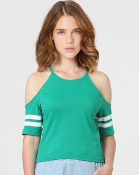 crew-neck t-shirt with cold-shoulder sleeves