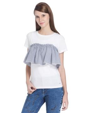 crew-neck t-shirt with contrast ruffle panel