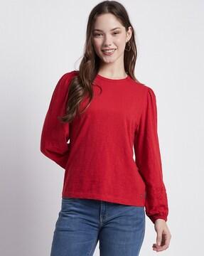 crew-neck t-shirt with embroidered sleeves